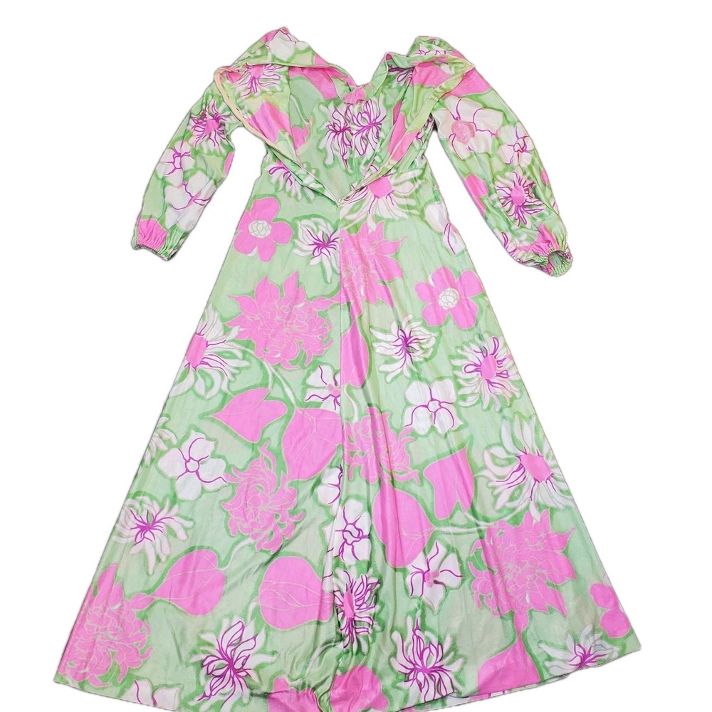 Vintage Pink And Mint Green Floral 70s Long Sleeve Maxi Hostess Floor Length